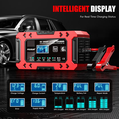 FOXSUR FBC1206F 12V 6A Car Motorcycle Battery Charger Smart Repair Multi-function Charger, US Plug(Red) - Battery Charger by FOXSUR | Online Shopping UK | buy2fix