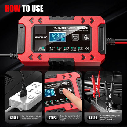 FOXSUR FBC1206F 12V 6A Car Motorcycle Battery Charger Smart Repair Multi-function Charger, US Plug(Red) - Battery Charger by FOXSUR | Online Shopping UK | buy2fix