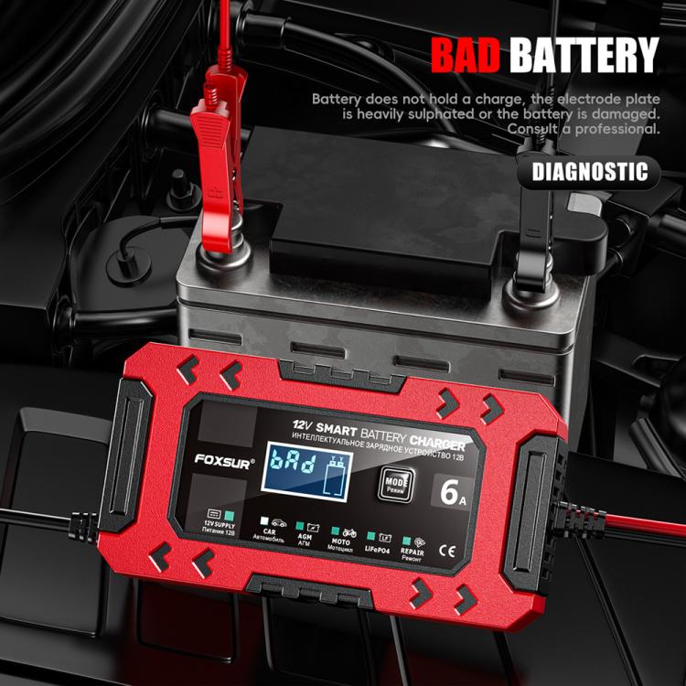 FOXSUR FBC1206F 12V 6A Car Motorcycle Battery Charger Smart Repair Multi-function Charger, US Plug(Red) - Battery Charger by FOXSUR | Online Shopping UK | buy2fix