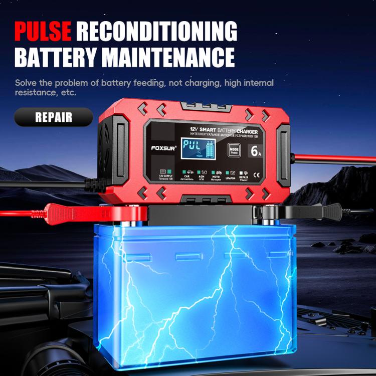 FOXSUR FBC1206F 12V 6A Car Motorcycle Battery Charger Smart Repair Multi-function Charger, US Plug(Red) - Battery Charger by FOXSUR | Online Shopping UK | buy2fix