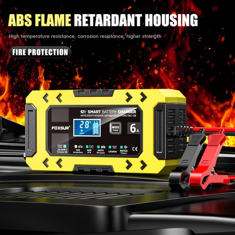 FOXSUR FBC1206F 12V 6A Car Motorcycle Battery Charger Smart Repair Multi-function Charger, US Plug(Yellow) - Battery Charger by FOXSUR | Online Shopping UK | buy2fix