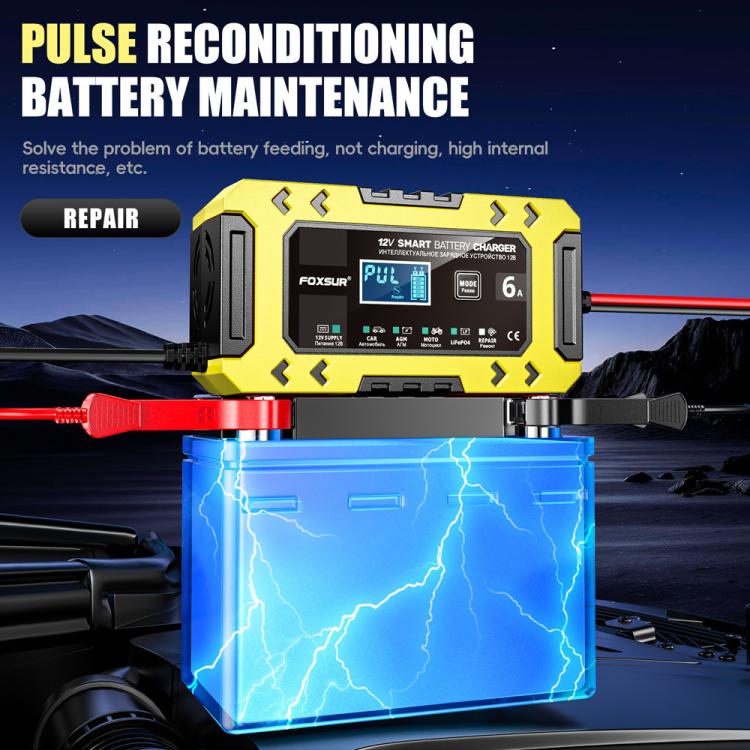 FOXSUR FBC1206F 12V 6A Car Motorcycle Battery Charger Smart Repair Multi-function Charger, US Plug(Yellow) - Battery Charger by FOXSUR | Online Shopping UK | buy2fix