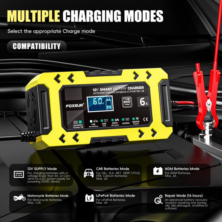 FOXSUR FBC1206F 12V 6A Car Motorcycle Battery Charger Smart Repair Multi-function Charger, US Plug(Yellow) - Battery Charger by FOXSUR | Online Shopping UK | buy2fix