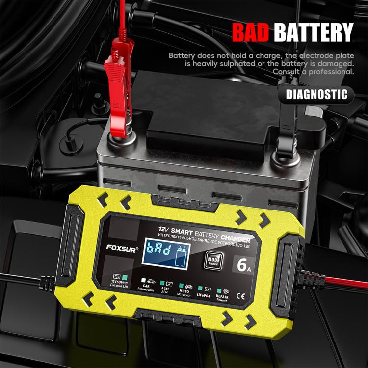 FOXSUR FBC1206F 12V 6A Car Motorcycle Battery Charger Smart Repair Multi-function Charger, UK Plug(Yellow) - Battery Charger by FOXSUR | Online Shopping UK | buy2fix