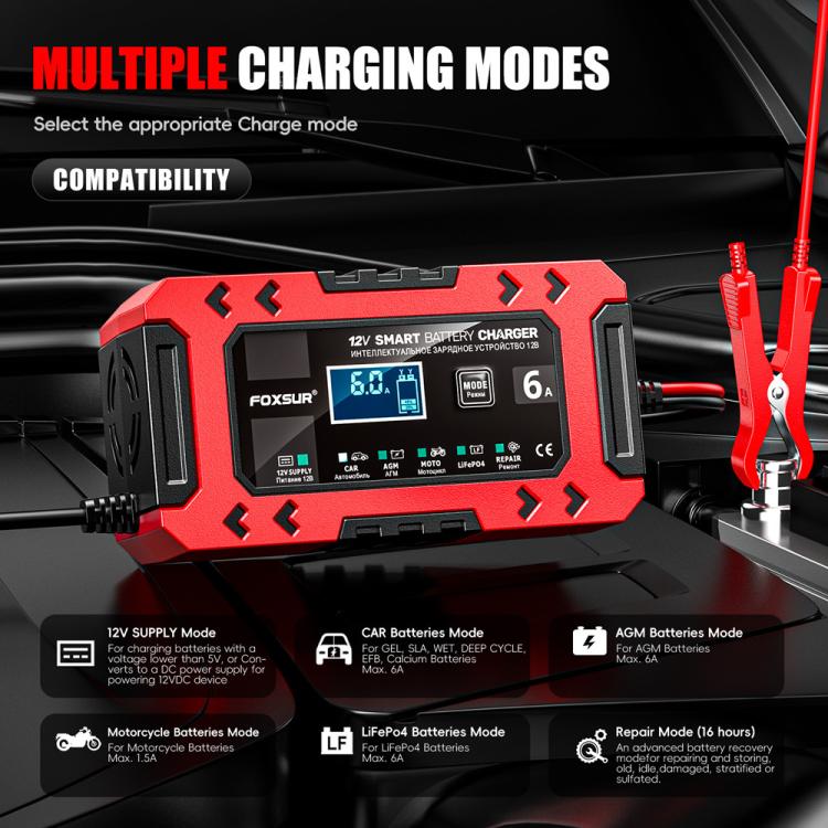 FOXSUR FBC1206F 12V 6A Car Motorcycle Battery Charger Smart Repair Multi-function Charger, AU Plug(Red) - Battery Charger by FOXSUR | Online Shopping UK | buy2fix