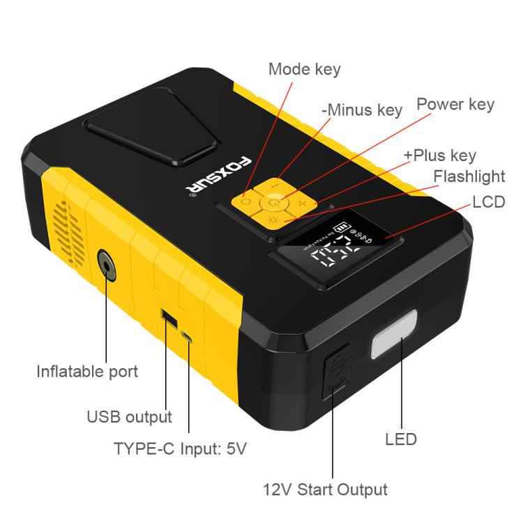 FOXSUR Car Emergency Starter Power Supply Multi-function Portable Car Air Pump(Yellow) - Power Bank by FOXSUR | Online Shopping UK | buy2fix