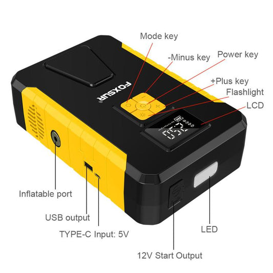 FOXSUR Car Emergency Starter Power Supply Multi-function Portable Car Air Pump(Yellow) - Power Bank by FOXSUR | Online Shopping UK | buy2fix