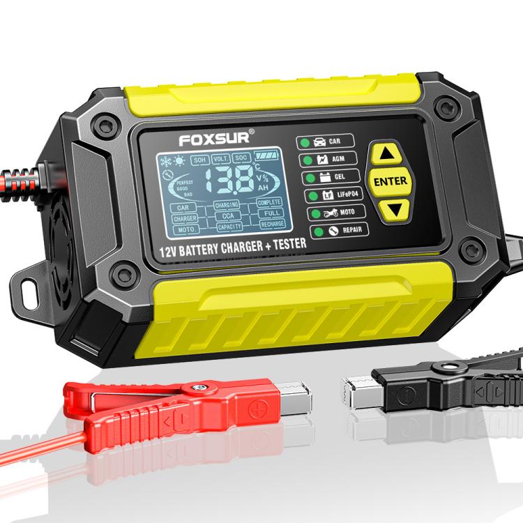 FOXSUR FTC-1206 2 in 1 12V Charging Tester Integrated Machine Car Motorcycle Battery Charger Tester, US Plug(Yellow) - Battery Charger by FOXSUR | Online Shopping UK | buy2fix