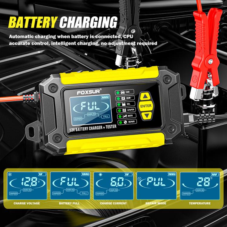 FOXSUR FTC-1206 2 in 1 12V Charging Tester Integrated Machine Car Motorcycle Battery Charger Tester, US Plug(Yellow) - Battery Charger by FOXSUR | Online Shopping UK | buy2fix