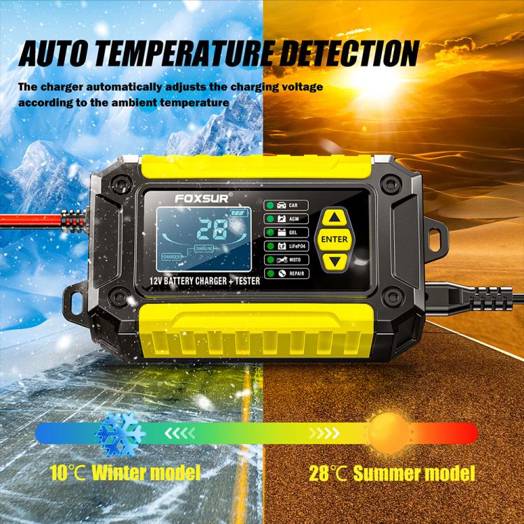 FOXSUR FTC-1206 2 in 1 12V Charging Tester Integrated Machine Car Motorcycle Battery Charger Tester, US Plug(Yellow) - Battery Charger by FOXSUR | Online Shopping UK | buy2fix