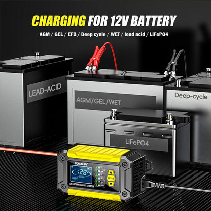 FOXSUR FTC-1206 2 in 1 12V Charging Tester Integrated Machine Car Motorcycle Battery Charger Tester, US Plug(Yellow) - Battery Charger by FOXSUR | Online Shopping UK | buy2fix