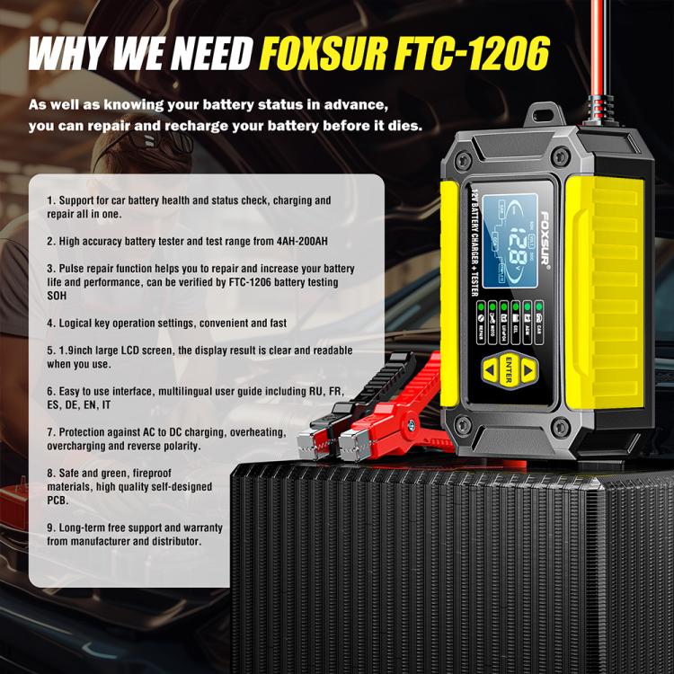FOXSUR FTC-1206 2 in 1 12V Charging Tester Integrated Machine Car Motorcycle Battery Charger Tester, US Plug(Yellow) - Battery Charger by FOXSUR | Online Shopping UK | buy2fix