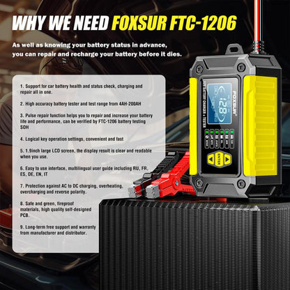 FOXSUR FTC-1206 2 in 1 12V Charging Tester Integrated Machine Car Motorcycle Battery Charger Tester, US Plug(Yellow) - Battery Charger by FOXSUR | Online Shopping UK | buy2fix