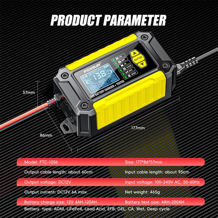 FOXSUR FTC-1206 2 in 1 12V Charging Tester Integrated Machine Car Motorcycle Battery Charger Tester, US Plug(Yellow) - Battery Charger by FOXSUR | Online Shopping UK | buy2fix