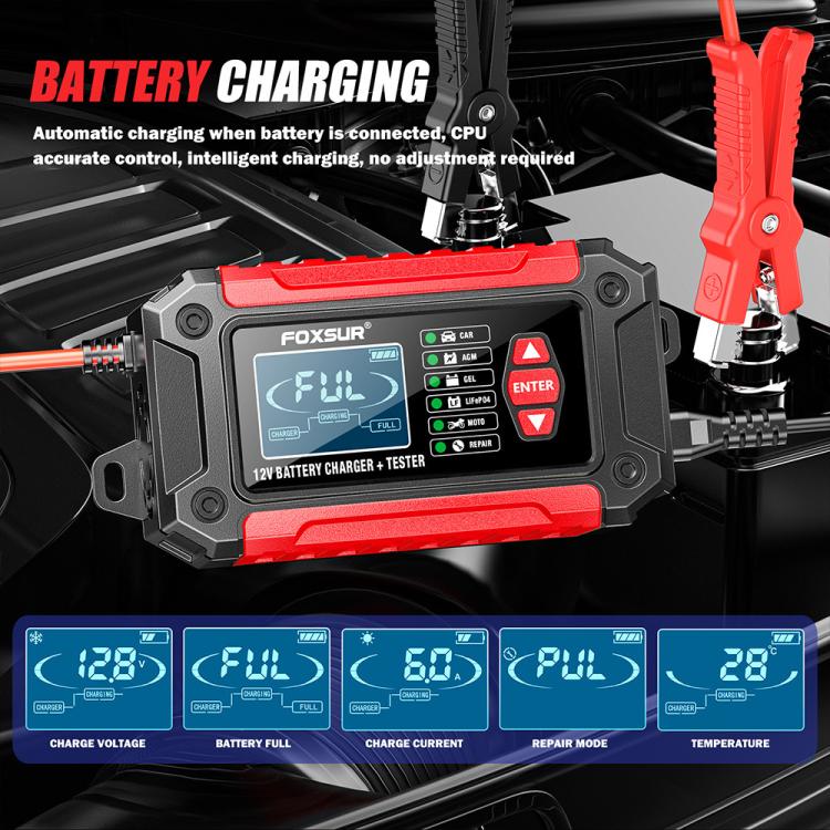 FOXSUR FTC-1206 2 in 1 12V Charging Tester Integrated Machine Car Motorcycle Battery Charger Tester, UK Plug(Red) - Battery Charger by FOXSUR | Online Shopping UK | buy2fix