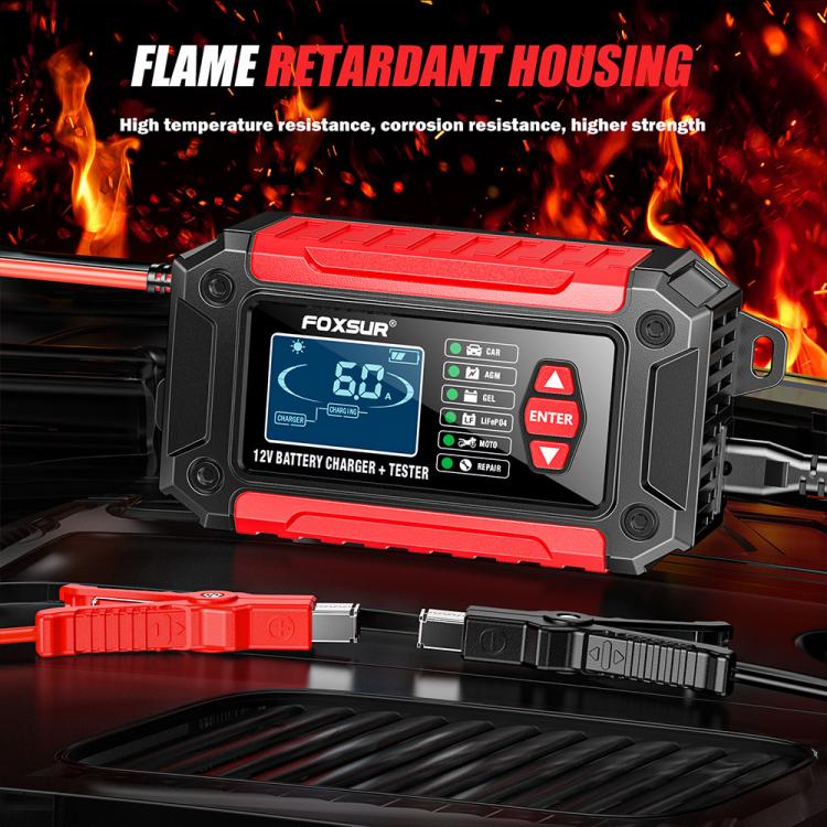 FOXSUR FTC-1206 2 in 1 12V Charging Tester Integrated Machine Car Motorcycle Battery Charger Tester, UK Plug(Red) - Battery Charger by FOXSUR | Online Shopping UK | buy2fix