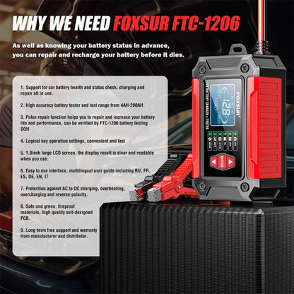 FOXSUR FTC-1206 2 in 1 12V Charging Tester Integrated Machine Car Motorcycle Battery Charger Tester, UK Plug(Red) - Battery Charger by FOXSUR | Online Shopping UK | buy2fix