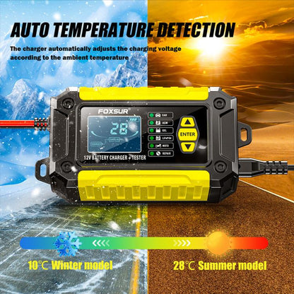 FOXSUR FTC-1206 2 in 1 12V Charging Tester Integrated Machine Car Motorcycle Battery Charger Tester, UK Plug(Yellow) - Battery Charger by FOXSUR | Online Shopping UK | buy2fix