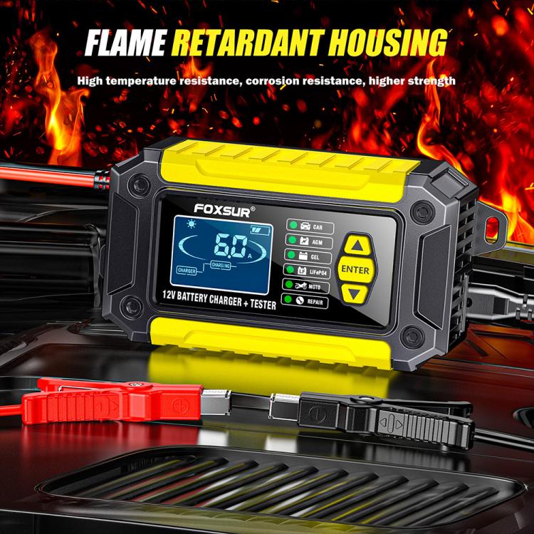 FOXSUR FTC-1206 2 in 1 12V Charging Tester Integrated Machine Car Motorcycle Battery Charger Tester, UK Plug(Yellow) - Battery Charger by FOXSUR | Online Shopping UK | buy2fix