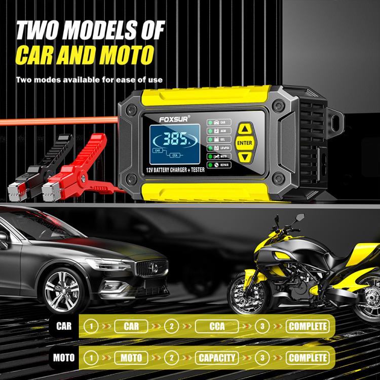 FOXSUR FTC-1206 2 in 1 12V Charging Tester Integrated Machine Car Motorcycle Battery Charger Tester, UK Plug(Yellow) - Battery Charger by FOXSUR | Online Shopping UK | buy2fix