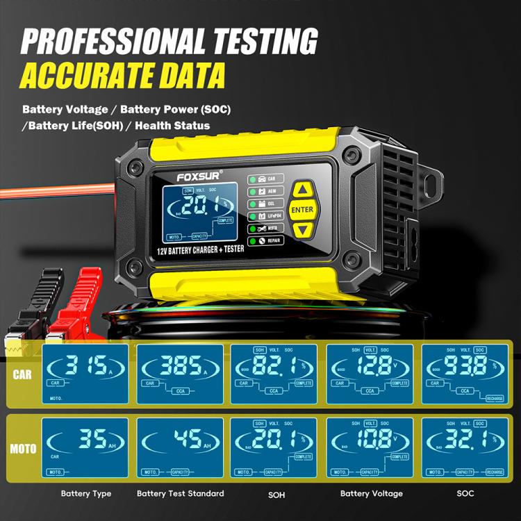 FOXSUR FTC-1206 2 in 1 12V Charging Tester Integrated Machine Car Motorcycle Battery Charger Tester, UK Plug(Yellow) - Battery Charger by FOXSUR | Online Shopping UK | buy2fix