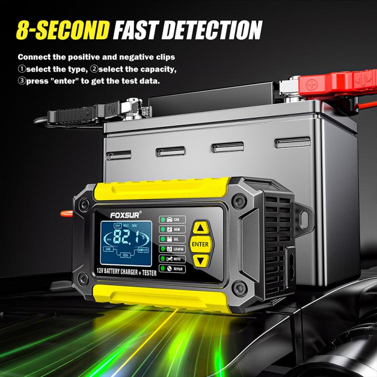 FOXSUR FTC-1206 2 in 1 12V Charging Tester Integrated Machine Car Motorcycle Battery Charger Tester, UK Plug(Yellow) - Battery Charger by FOXSUR | Online Shopping UK | buy2fix