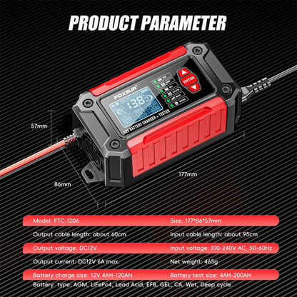 FOXSUR FTC-1206 2 in 1 12V Charging Tester Integrated Machine Car Motorcycle Battery Charger Tester, AU Plug(Red) - Battery Charger by FOXSUR | Online Shopping UK | buy2fix