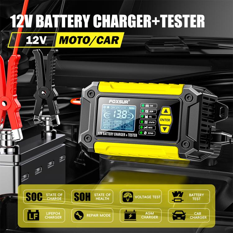 FOXSUR FTC-1206 2 in 1 12V Charging Tester Integrated Machine Car Motorcycle Battery Charger Tester, AU Plug(Yellow) - Battery Charger by FOXSUR | Online Shopping UK | buy2fix