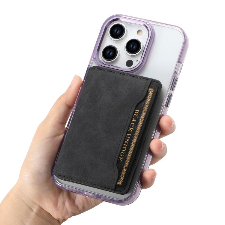 Denior V08 Magsafe Wallet Retro Texture Leather Magnetic Card Holder Bag(Black) - Adhesive Card Holders by Denior | Online Shopping UK | buy2fix