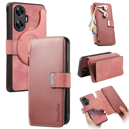 For Realme C55 CaseNeo MagSafe RFID Anti-theft Zipper Wallet Retro Leather Phone Case(Pink)