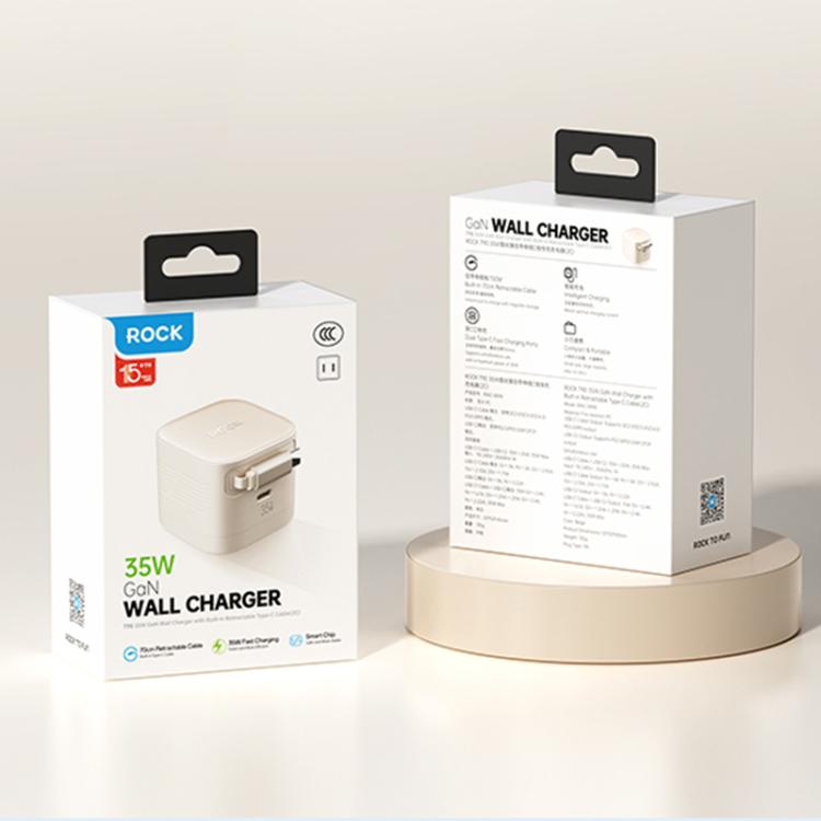 ROCK T90 PD35W Type-C Single Port GaN Wall Charger with Type-C Retractable Cable, UK Plug(Beige) - USB Charger by ROCK | Online Shopping UK | buy2fix