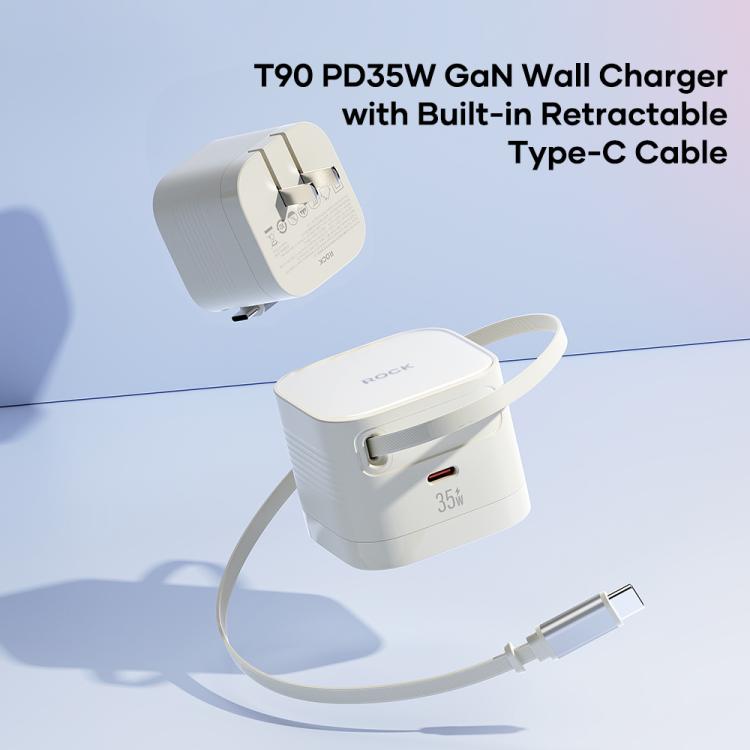 ROCK T90 PD35W Type-C Single Port GaN Wall Charger with Type-C Retractable Cable, UK Plug(Beige) - USB Charger by ROCK | Online Shopping UK | buy2fix