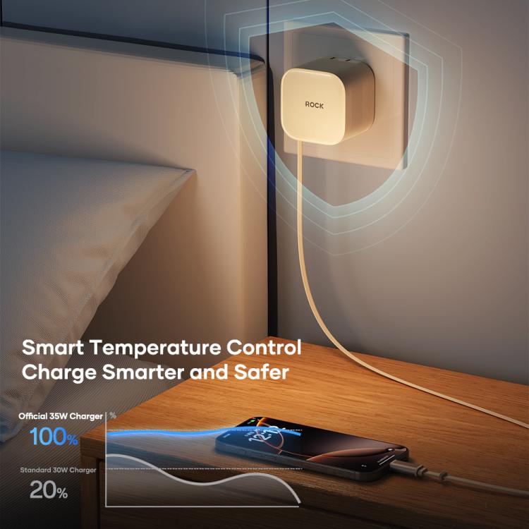 ROCK T90 PD35W Type-C Single Port GaN Wall Charger with Type-C Retractable Cable, UK Plug(Beige) - USB Charger by ROCK | Online Shopping UK | buy2fix