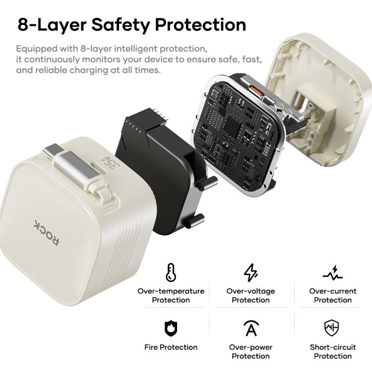 ROCK T90 PD35W Type-C Single Port GaN Wall Charger with Type-C Retractable Cable, EU Plug(Beige) - USB Charger by ROCK | Online Shopping UK | buy2fix