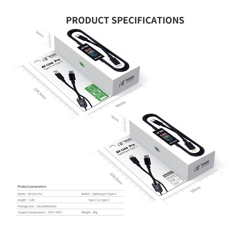 18 Kinds AV-Line Pro 1.2m Intelligent Detection Charging Data Cable, Interface:Type-C to  8 Pin - Test Tools by buy2fix | Online Shopping UK | buy2fix