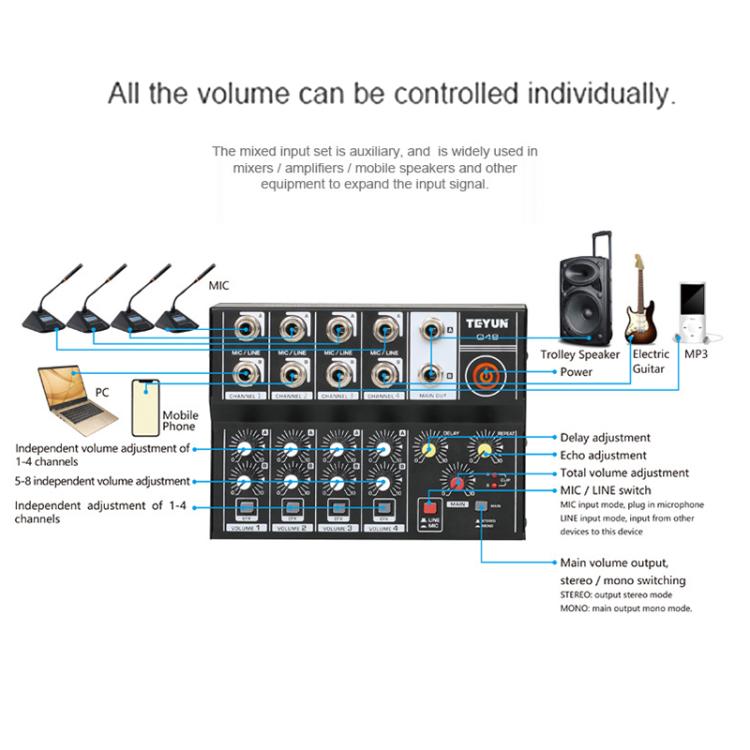TEYUN Q48 8-Channels Microphone Audio Mixer - Live Sound Effects Processors by TEYUN | Online Shopping UK | buy2fix