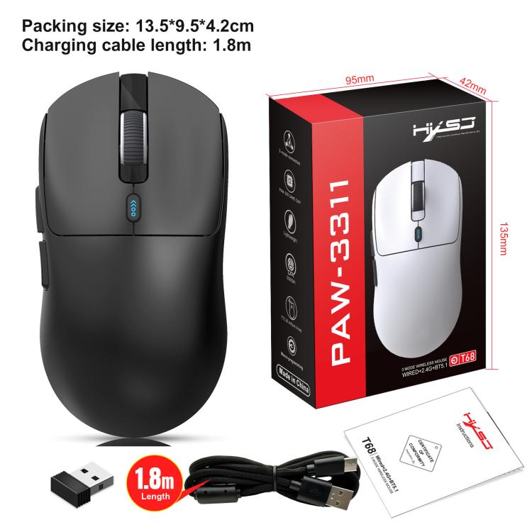 HXSJ T68 3 Modes Wired 2.4G BT5.1 Wireless Lightweight Gaming Mouse(Black) - Wireless Mice by HXSJ | Online Shopping UK | buy2fix