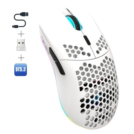HXSJ T66 3 Modes Wired 2.4G BT5.3 Wireless RGB Rechargeable Mouse(White)