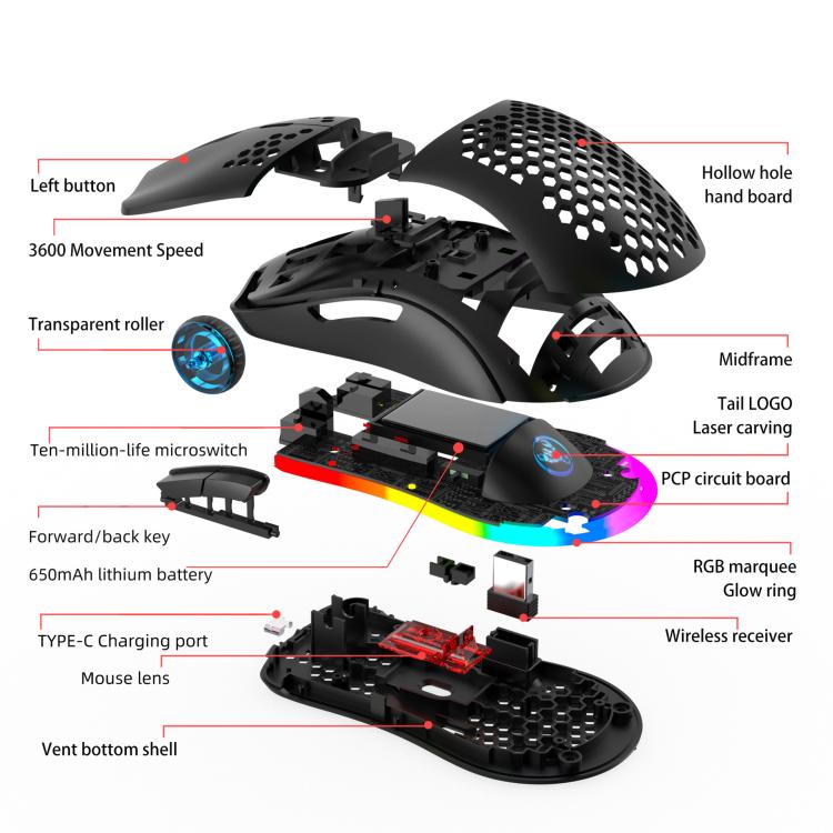 HXSJ T66 3 Modes Wired 2.4G BT5.3 Wireless RGB Rechargeable Mouse(Black) - Wireless Mice by HXSJ | Online Shopping UK | buy2fix