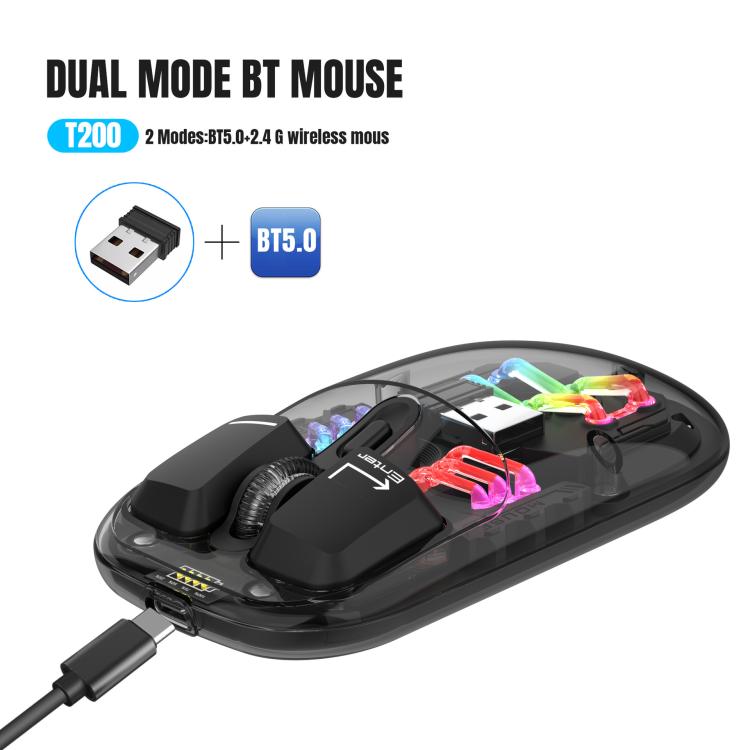 HXSJ T200 Dual Modes 2.4G BT5.0 Transparent RGB Wireless Mouse(Black) - Wireless Mice by HXSJ | Online Shopping UK | buy2fix