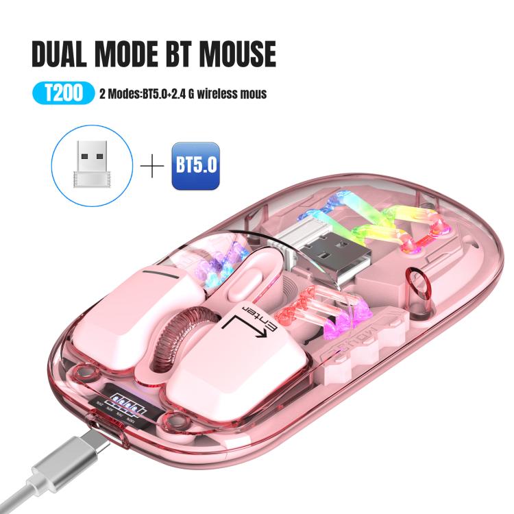 HXSJ T200 Dual Modes 2.4G BT5.0 Transparent RGB Wireless Mouse(Pink) - Wireless Mice by HXSJ | Online Shopping UK | buy2fix