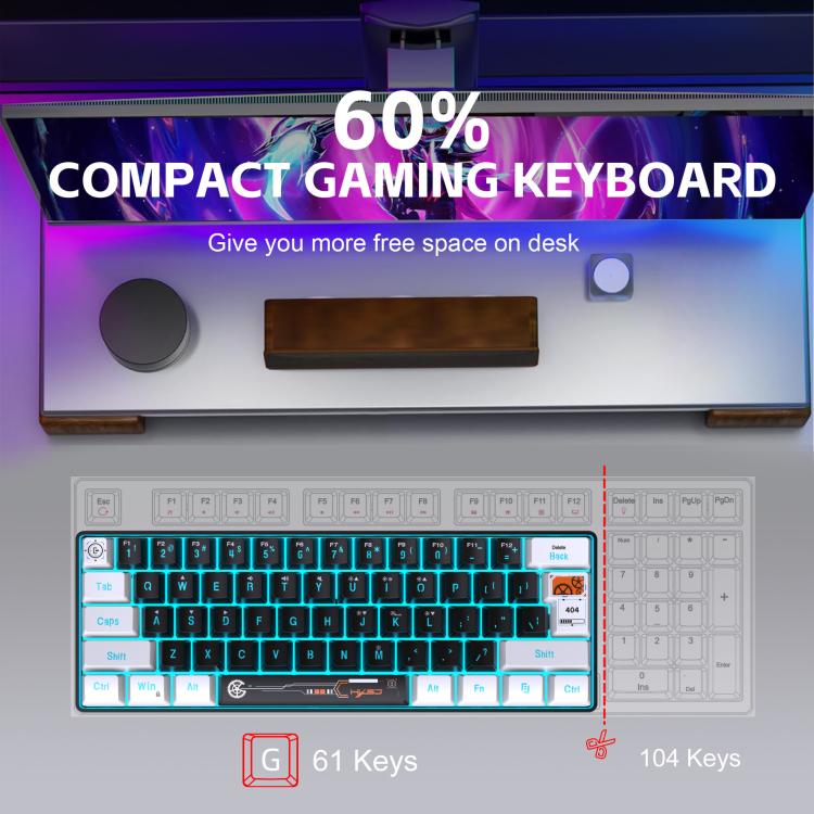 HXSJ V700WB Wired RGB Backlit Membrane Keyboard 61 Key Caps, Cable Length: 1.7m(White Black Print) - Wired Keyboard by HXSJ | Online Shopping UK | buy2fix