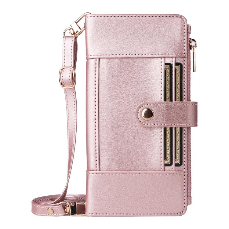 For Google Pixel 10 / 10 Pro Crossbody Strap RFID Blocking Zipper Wallet Leather Phone Case(Rose Gold) - Google Cases by buy2fix | Online Shopping UK | buy2fix