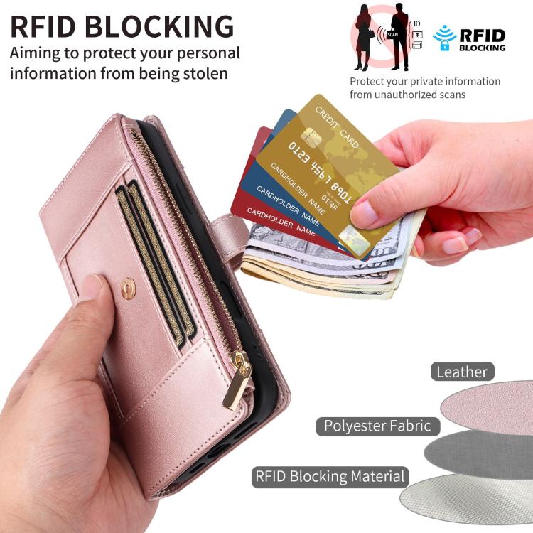 For Google Pixel 10 / 10 Pro Crossbody Strap RFID Blocking Zipper Wallet Leather Phone Case(Rose Gold) - Google Cases by buy2fix | Online Shopping UK | buy2fix