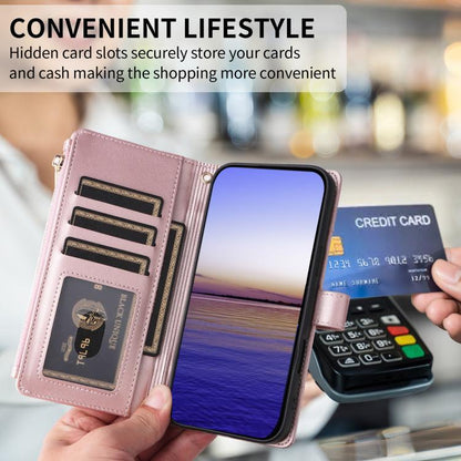 For Google Pixel 10 / 10 Pro Crossbody Strap RFID Blocking Zipper Wallet Leather Phone Case(Rose Gold) - Google Cases by buy2fix | Online Shopping UK | buy2fix