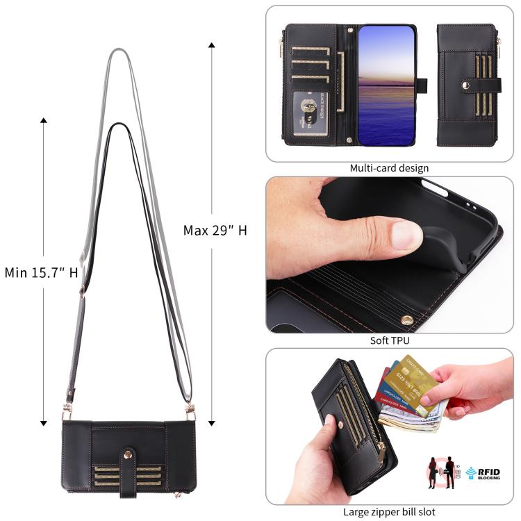 For Google Pixel 10 Pro XL Crossbody Strap RFID Blocking Zipper Wallet Leather Phone Case(Black) - Google Cases by buy2fix | Online Shopping UK | buy2fix