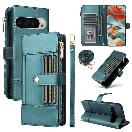 For Google Pixel 10 Pro XL Crossbody Strap RFID Blocking Zipper Wallet Leather Phone Case(Green)