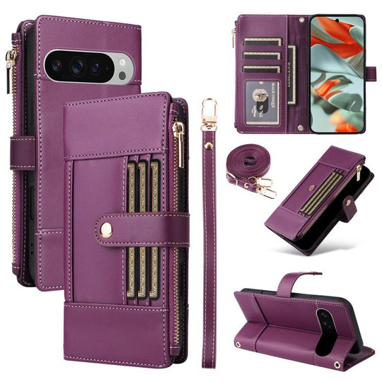 For Google Pixel 10 Pro XL Crossbody Strap RFID Blocking Zipper Wallet Leather Phone Case(Purple)