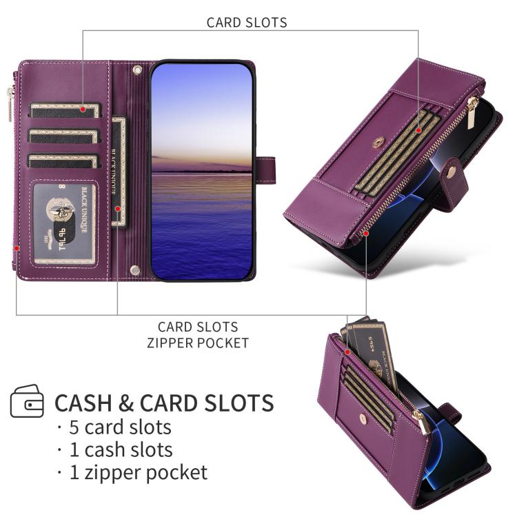 For Google Pixel 10 Pro XL Crossbody Strap RFID Blocking Zipper Wallet Leather Phone Case(Purple) - Google Cases by buy2fix | Online Shopping UK | buy2fix