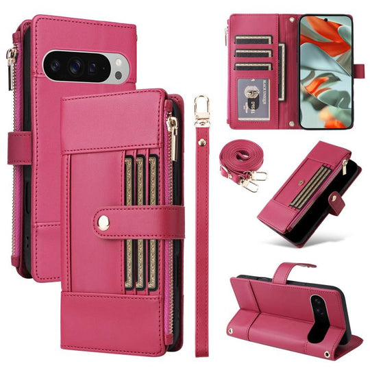 For Google Pixel 10 Pro XL Crossbody Strap RFID Blocking Zipper Wallet Leather Phone Case(Red)